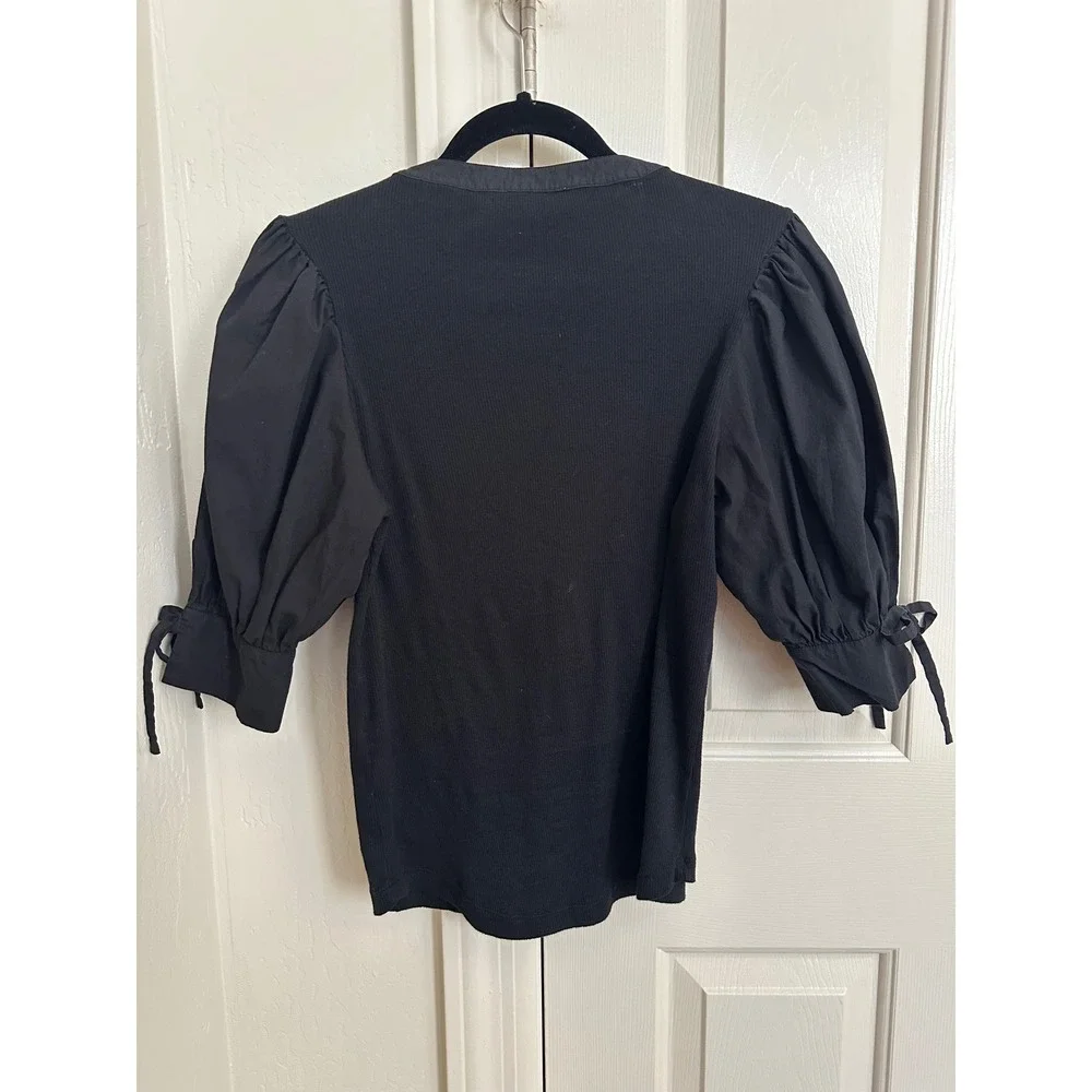 Ulla Johnson Noir Black Ribbed 100% Cotton Pia Puff Sleeve Top M